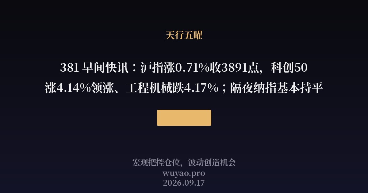 381 早间快讯:沪指涨0.71%收3891点,科创50涨4.14%领涨、工程机械跌4.17%;隔夜纳指基本持平
