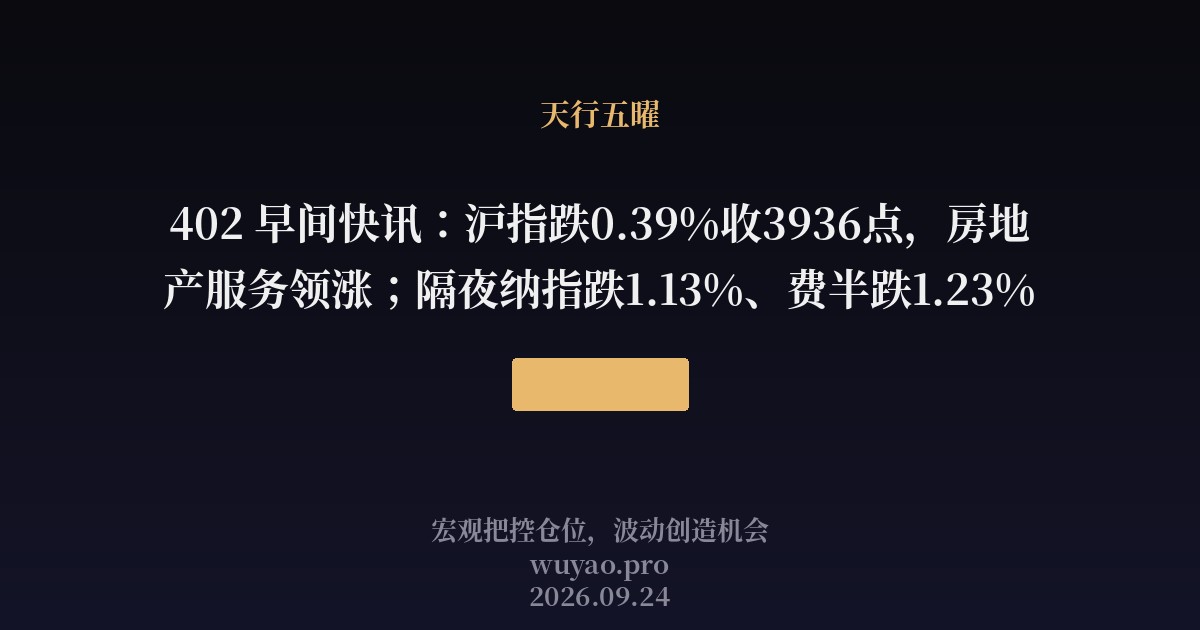 402 早间快讯：沪指跌0.39%收3936点，房地产服务领涨；隔夜纳指跌1.13%、费半跌1.23%