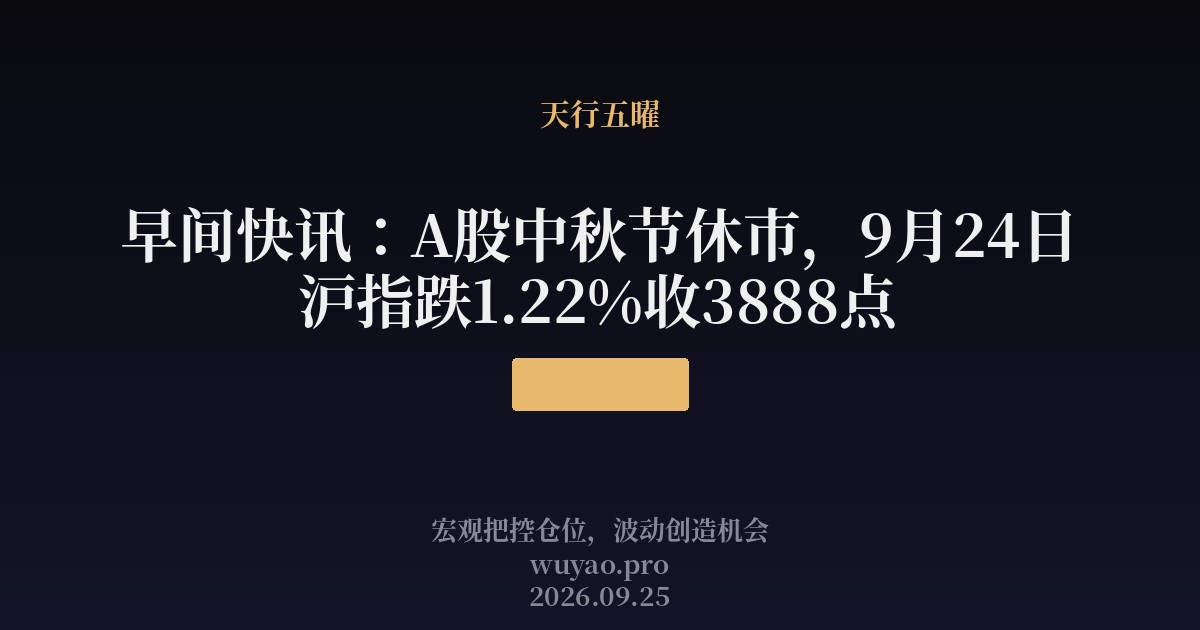 早间快讯:A股中秋节休市,9月24日沪指跌1.22%收3888点