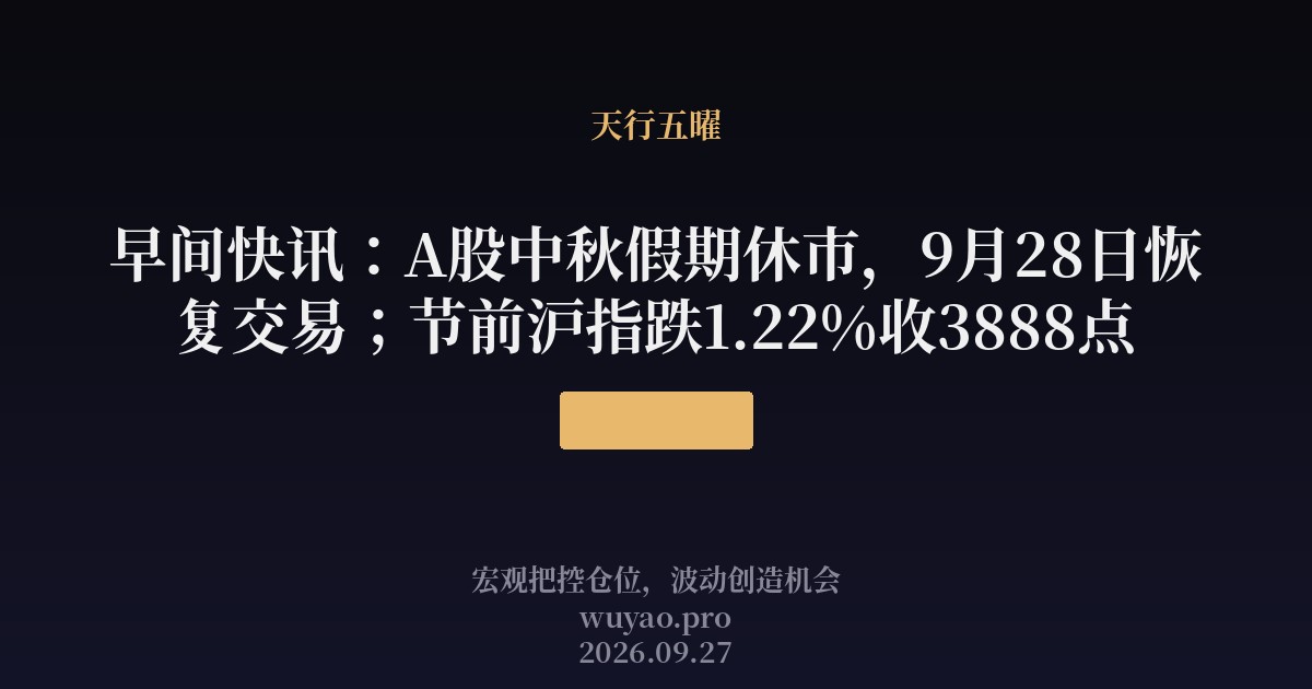 410 早间快讯：A股中秋假期休市，9月28日（周一）恢复交易；节前沪指跌1.22%收3888点，纺织制造领涨、贵金属跌5.03%