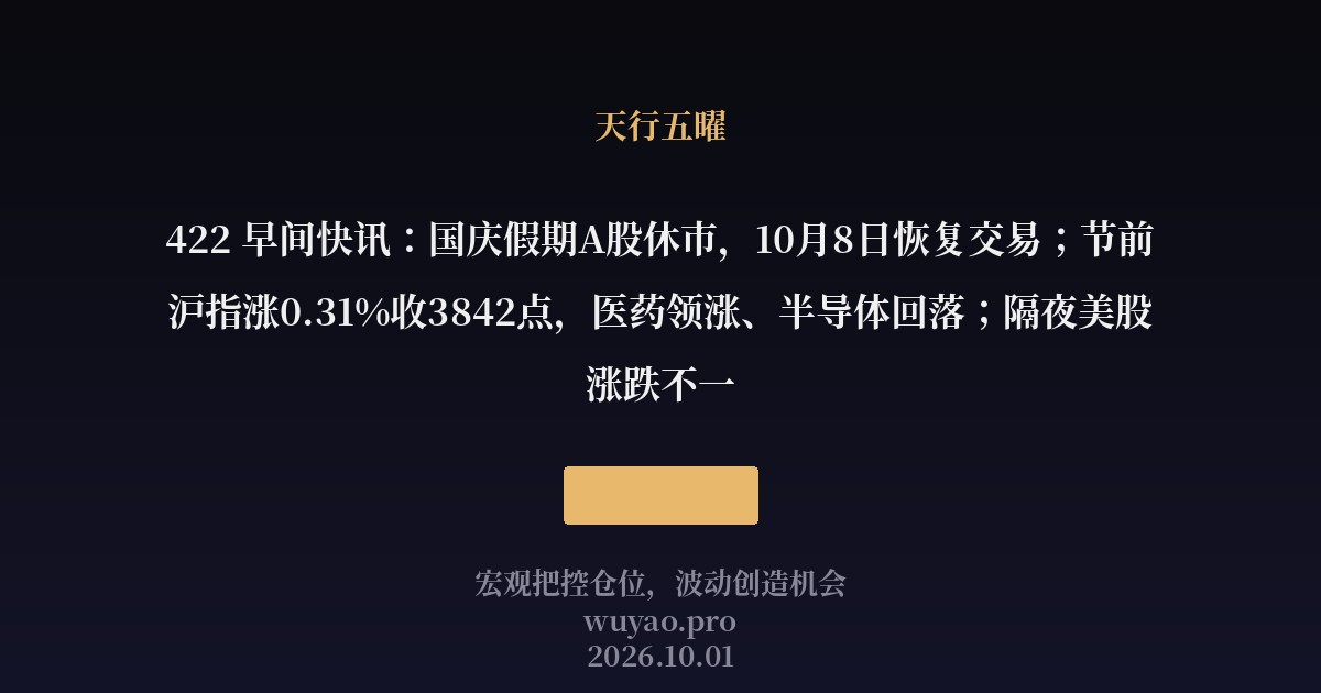 422 早间快讯:国庆假期A股休市,10月8日恢复交易;节前沪指涨0.31%收3842点,医药领涨、半导体回落;隔夜美股涨跌不一