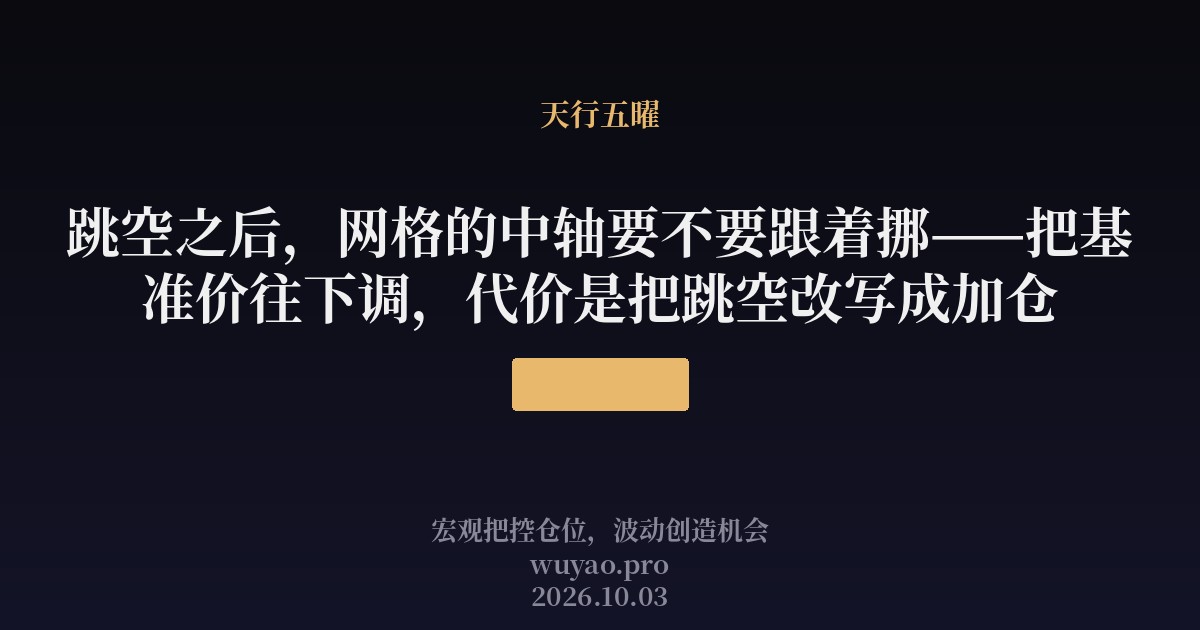 跳空之后,网格的中轴要不要跟着挪——把基准价往下调,代价是把跳空改写成加仓