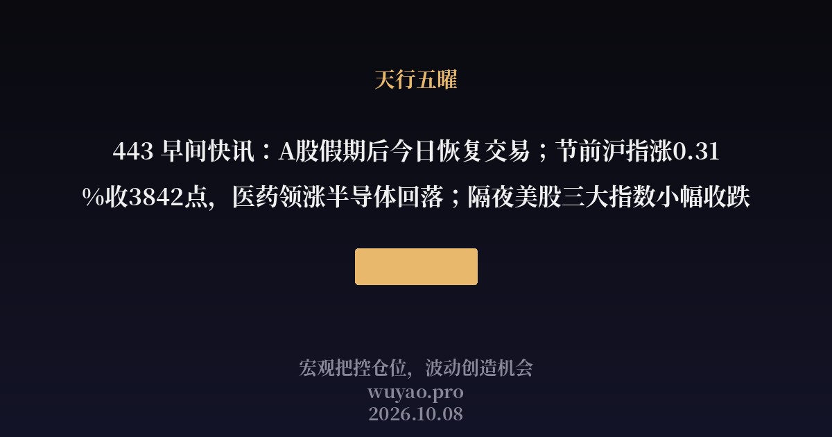443 早间快讯：A股假期后今日恢复交易；节前沪指涨0.31%收3842点，医药领涨半导体回落；隔夜美股三大指数小幅收跌
