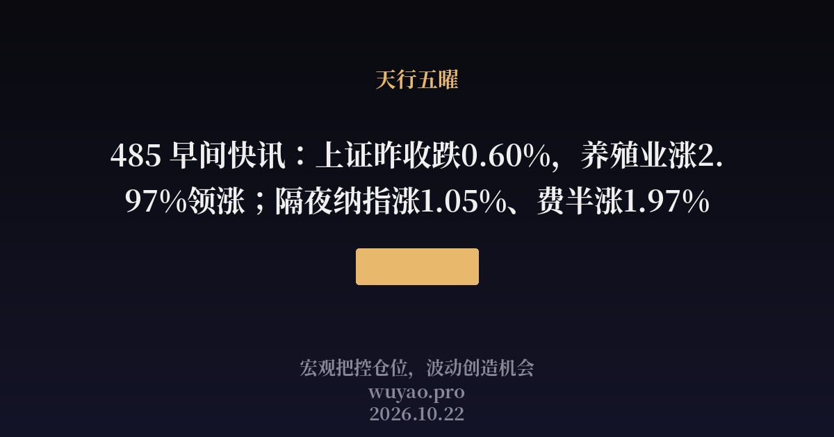 485 早间快讯:上证昨收跌0.60%,养殖业涨2.97%领涨;隔夜纳指涨1.05%、费半涨1.97%