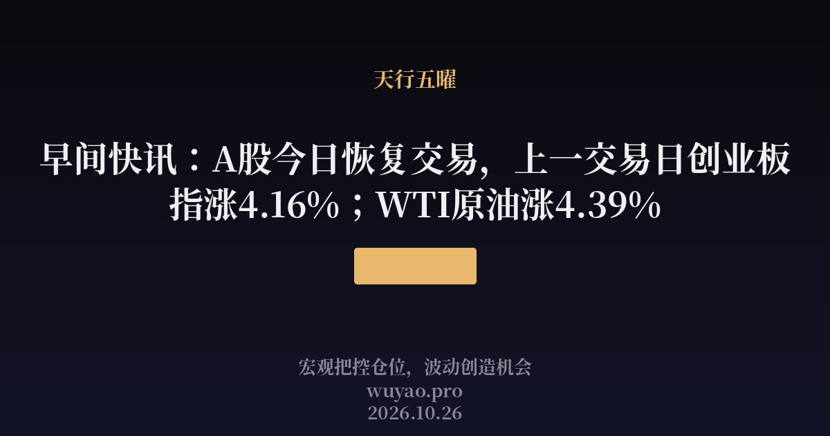 早间快讯：A股今日恢复交易，上一交易日创业板指涨4.16%